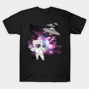 Ufo alien funny cute flying spaceship astronaut moon mars cosmic forest T-Shirt